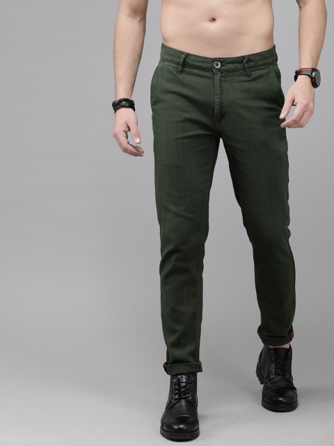 

Roadster Men Olive Green Slim Fit Self Design Chinos