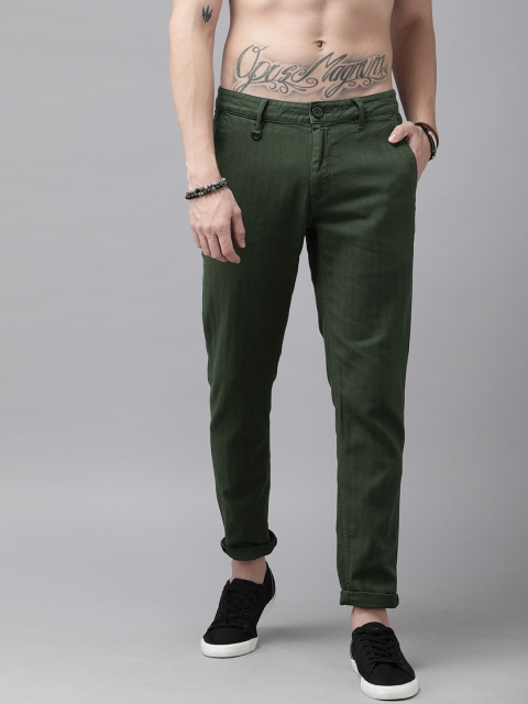 

Roadster Men Green Regular Fit Self-Striped Regular Trousers