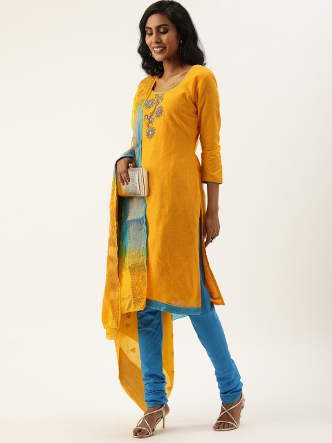 

Rajnandini Yellow & Blue Cotton Blend Unstitched Dress Material