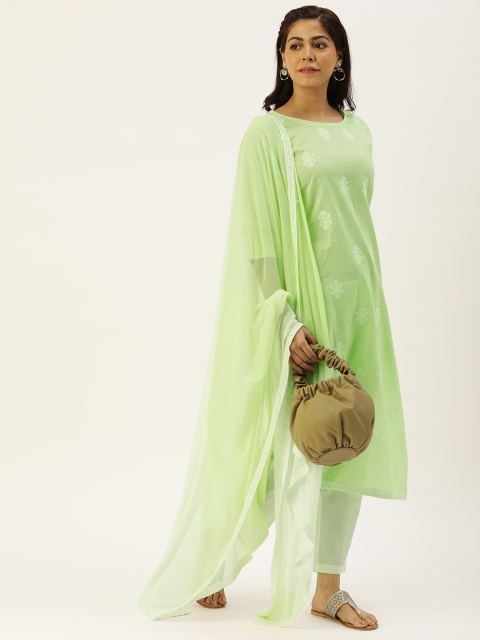 

CATCHY Women Green & White Embroidered Kurta with Trousers & Dupatta