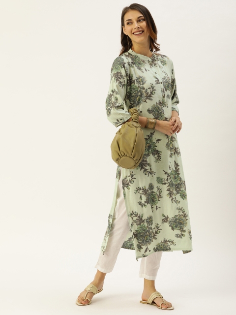 

CATCHY Women Green & Grey Floral Printed Straight Kurta