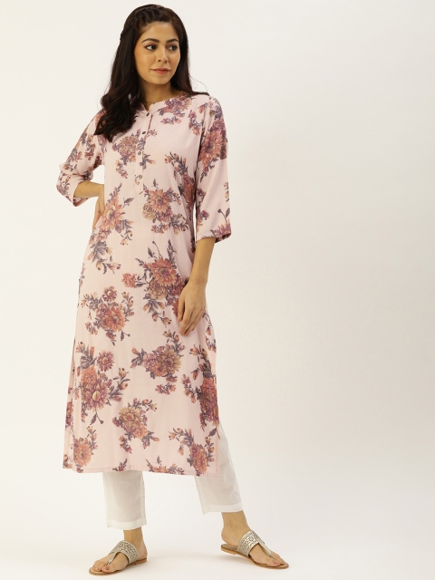 CATCHY Women Mauve & Coral Orange Floral Printed Straight Kurta