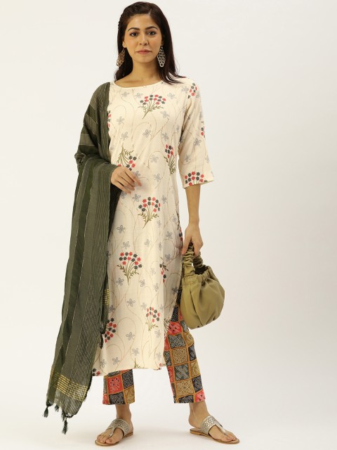 

CATCHY Women Off-White & Green Printed Kurta with Trousers & Dupatta