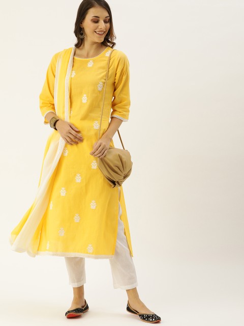 

CATCHY Women Yellow & White Embroidered Kurta with Trousers & Dupatta