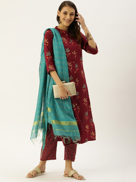 

CATCHY Women Maroon & Green Printed Kurta with Trousers & Dupatta