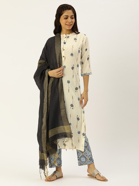 

CATCHY Women White & Navy Blue Printed Kurta with Trousers & Dupatta