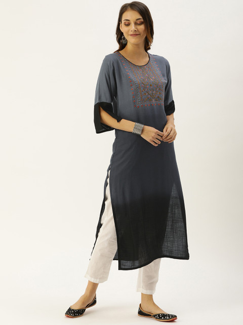 

CATCHY Women Grey & Black Embroidered Yoke Design Ombre Straight Kurta