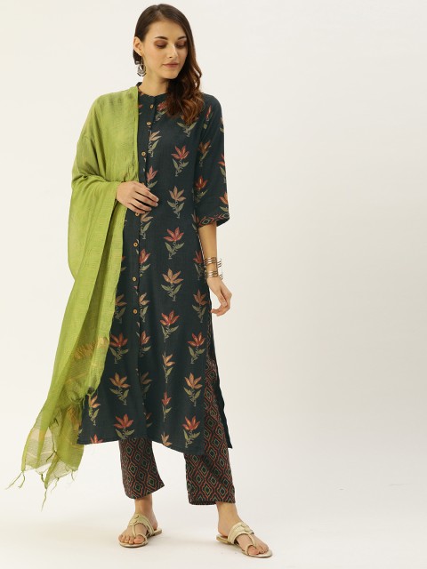 

CATCHY Women Grey & Green Printed Kurta with Trousers & Dupatta