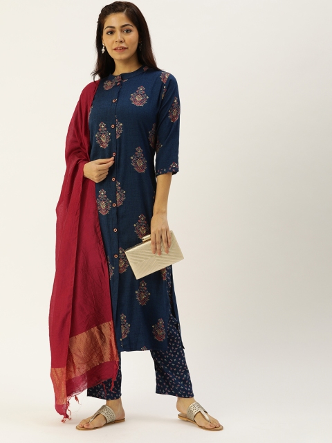 

CATCHY Women Navy Blue & Red Printed Kurta with Trousers & Dupatta