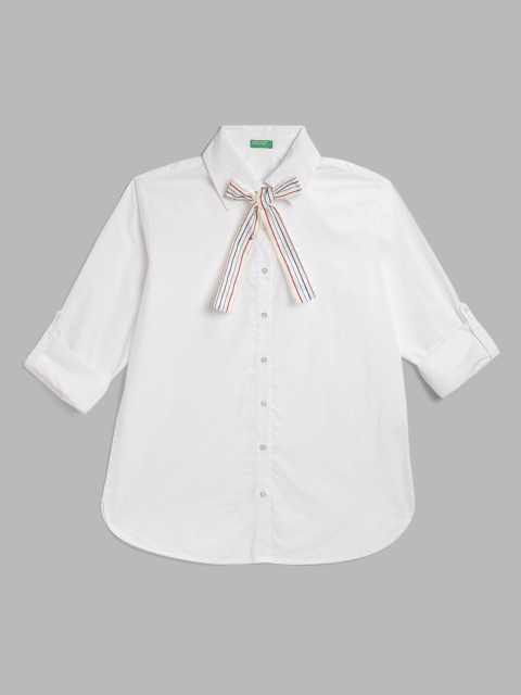 

United Colors of Benetton Women White Solid Pure Cotton Shirt with Tie