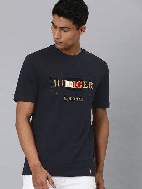 

Tommy Hilfiger Men Navy Blue Embroidered Round Neck Pure Cotton T-shirt