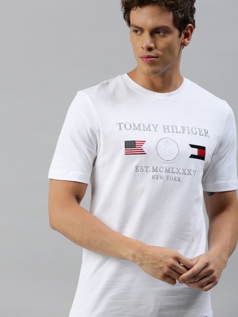

Tommy Hilfiger Men White Embroidered Relaxed Fit Round Neck Pure Cotton T-shirt