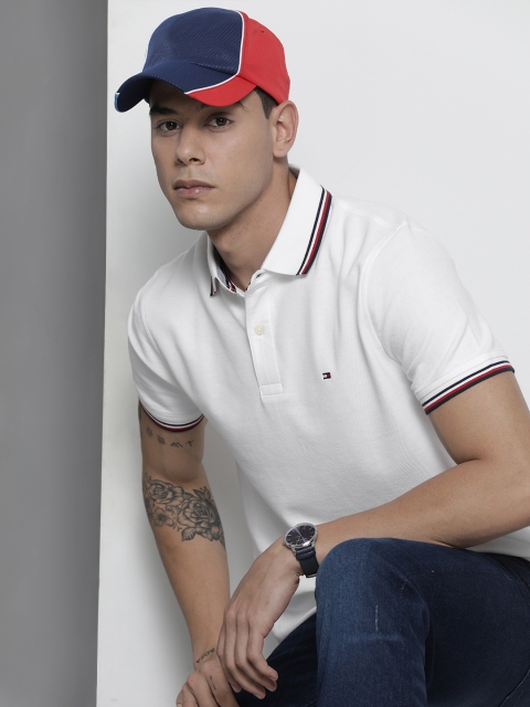 

Tommy Hilfiger Men White Solid Polo Collar Regular Sleeves Embroidered Slim Fit T-shirt