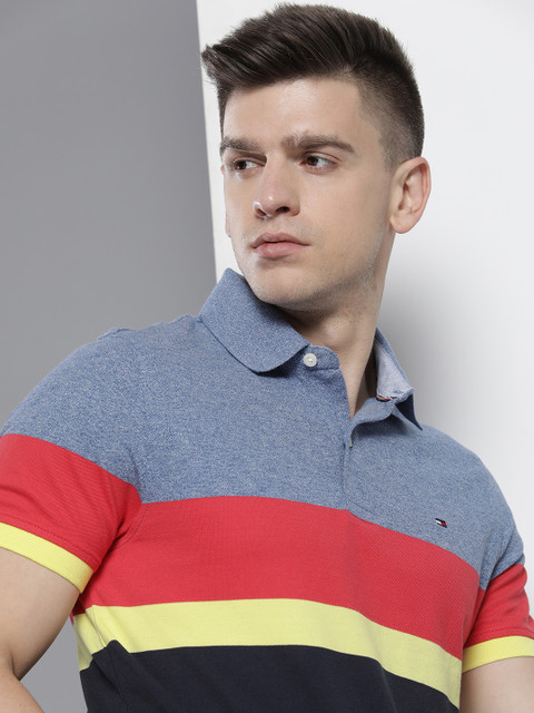 

Tommy Hilfiger Men Blue & Red Colourblocked Polo Collar Slim Fit Casual T-shirt