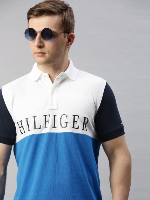 

Tommy Hilfiger Men Blue & White Colourblocked Polo Collar T-shirt