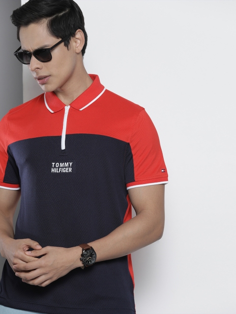 

Tommy Hilfiger Men Navy Blue & Red Colourblocked Polo Collar T-shirt