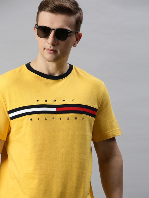 

Tommy Hilfiger Men Mustard Yellow & Black Striped Round Neck T-shirt