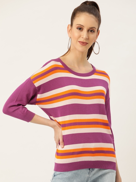 

United Colors of Benetton Women Purple & Orange Striped Pullover
