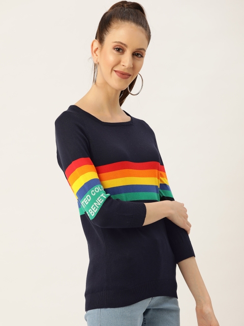 

United Colors of Benetton Women Navy Blue Striped Pullover