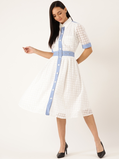 

United Colors of Benetton Women White Schiffli Embroidered Shirt Dress With Belt