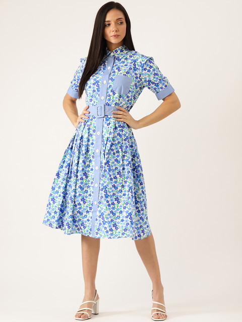 

United Colors of Benetton Women White & Blue Floral Printed Shirt Dress With Belt