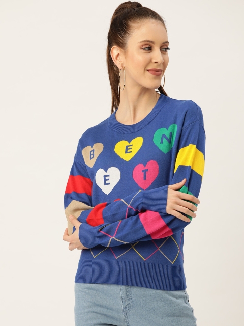 

United Colors of Benetton Women Blue Self Design Pullover
