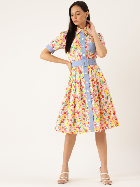 

United Colors of Benetton Women White & Pink Floral Printed Shirt Dress With Belt