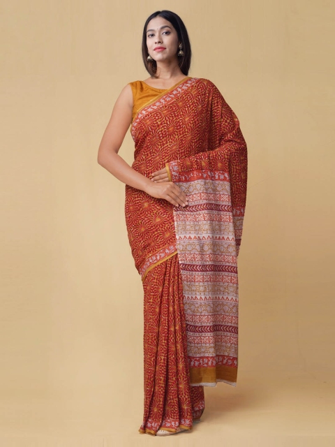

Unnati Silks Maroon Pure Mulmul Cotton Printed Block Print Saree