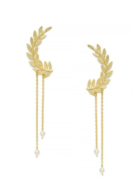 

Belsis Jewelry Gold-Toned Pearl Leaf Shaped Drop Earrings