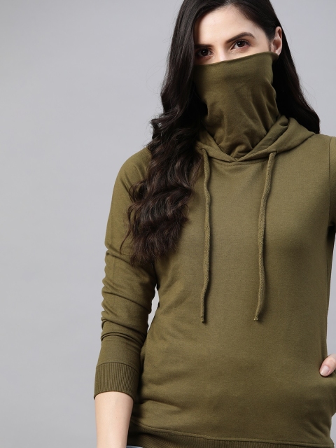 

Roadster Women Olive Green Solid Hooded Sweatshirt