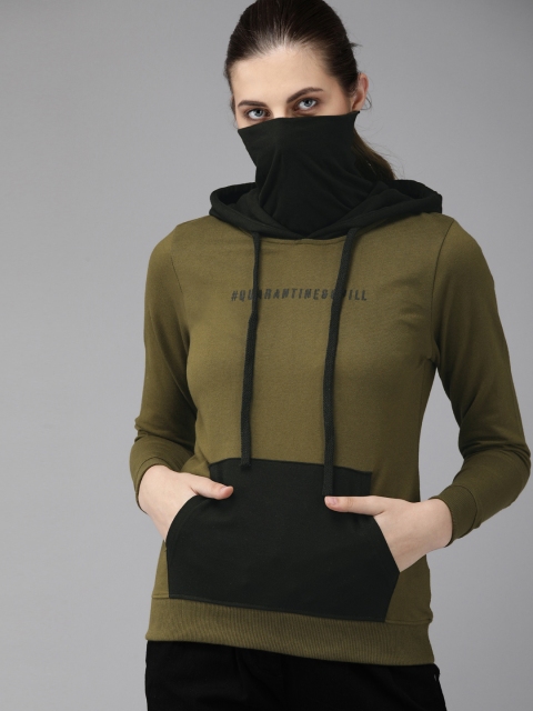 

Roadster Women Olive Green Solid Hooded Sweatshirt with Printed Detailing