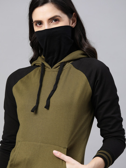 

Roadster Women Olive Green Solid Hooded Sweatshirt with Extended Mask