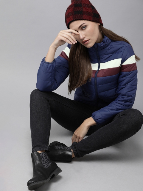 

Roadster Women Navy Blue Striped Padded Jacket