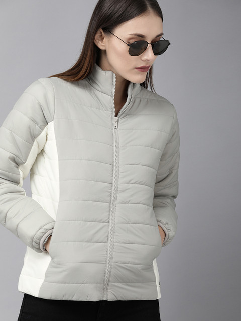 

Roadster Women Grey & White Colourblocked Padded Jacket