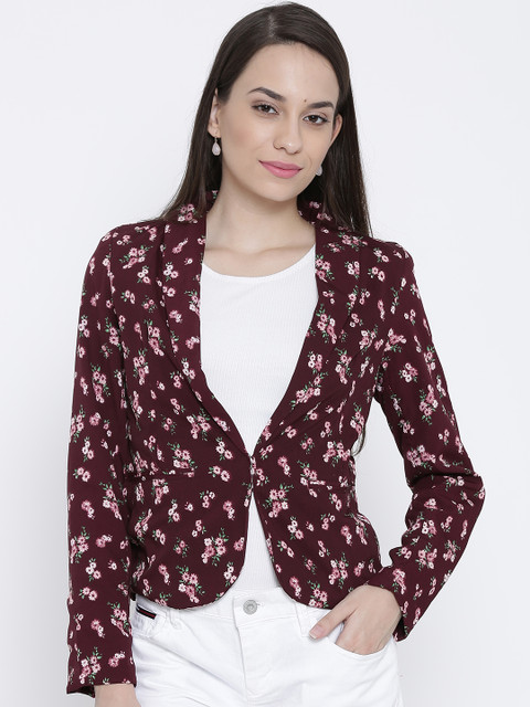 

Tokyo Talkies Maroon Floral Print Single-Breasted Blazer