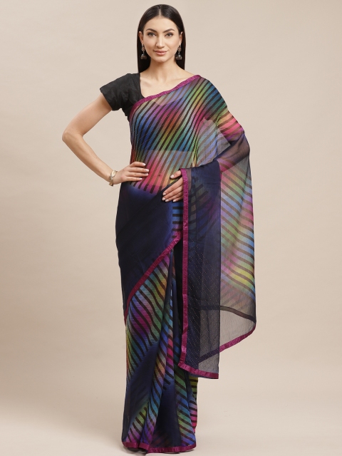 

Shaily Navy Blue & Pink Striped Saree