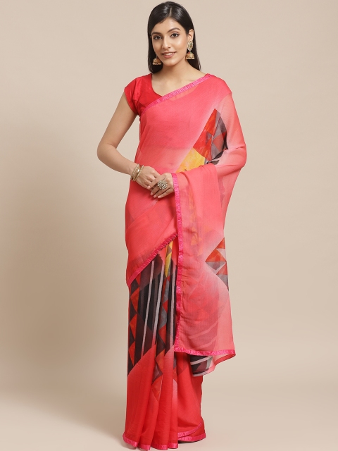 

Shaily Pink & Red Geometric Printed Saree