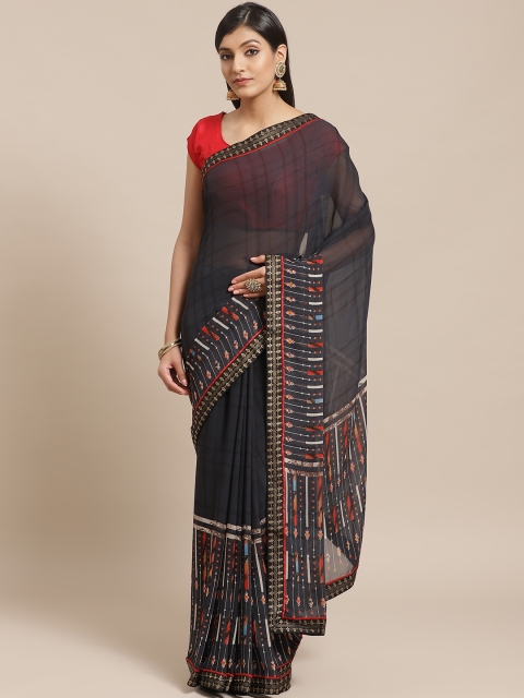 

Shaily Charcoal & Red Poly Georgette Striped Saree