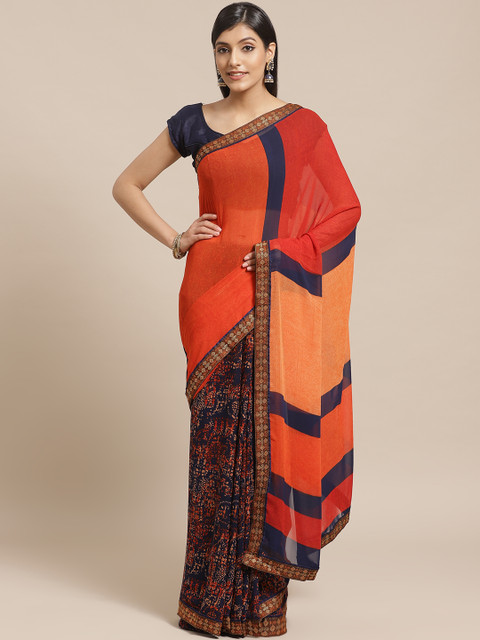 

Shaily Navy Blue & Rust Orange Poly Georgette Half And Half Printed Saree