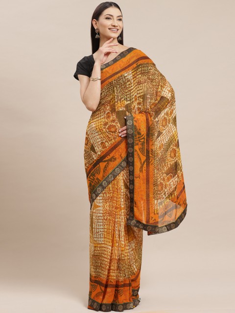 

Shaily Women Orange & Green Poly Georgette Printed Saree