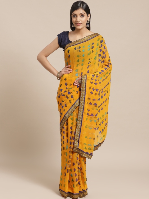 

Shaily Mustard & Blue Poly Georgette Geometric Printed Saree