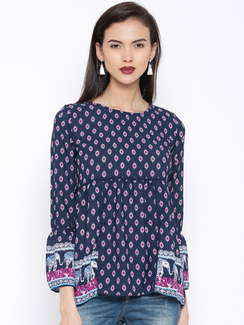 

Tokyo Talkies Navy Printed Sheer Top, Navy blue