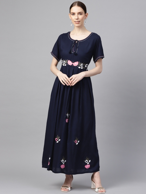 

Vemante Women Navy Blue Floral Embroidered Maxi Dress