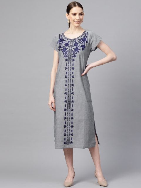 

Vemante Women Grey & Navy Blue Resham Embroidery A-Line Dress