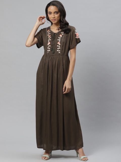 

Vemante Women Olive Green Embroidered Yoke Maxi Dress