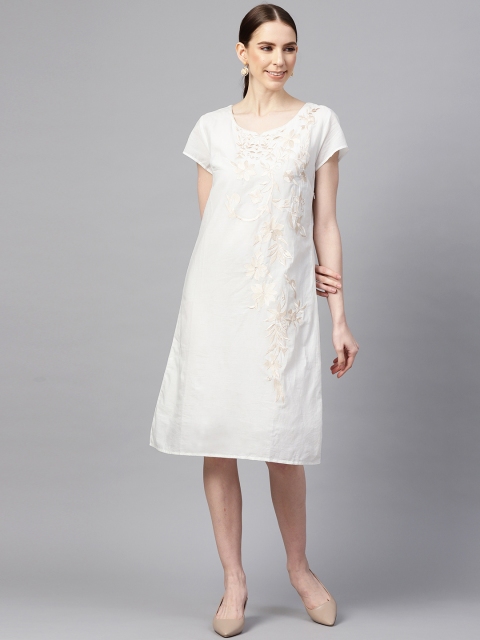 

Vemante Women White & Beige Resham Embroidery A-Line Dress