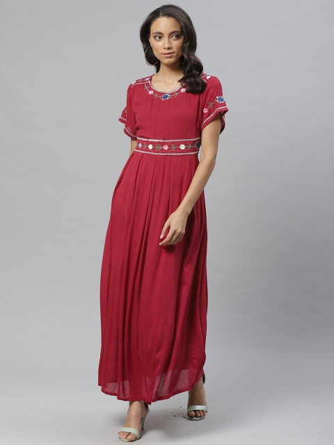 

Vemante Women Maroon Embroidered Yoke Maxi Dress
