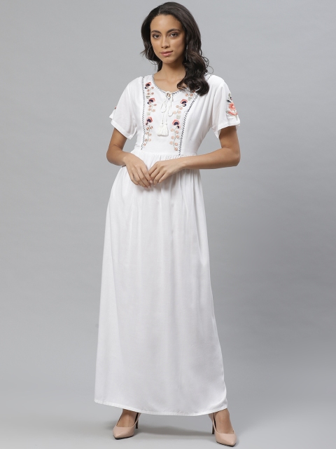 

Vemante Women White Embroidered Yoke Maxi Dress
