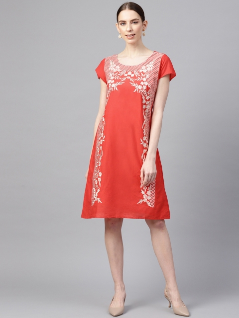 

Vemante Women Coral Red & Off-White Resham Embroidery A-Line Dress
