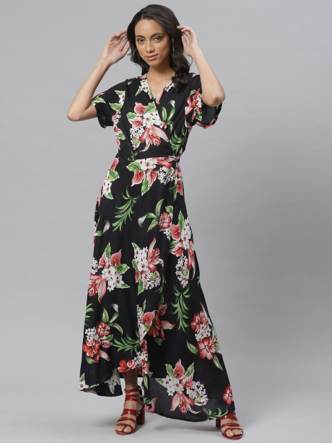 

Vemante Women Black & Pink Floral Print Wrap Dress